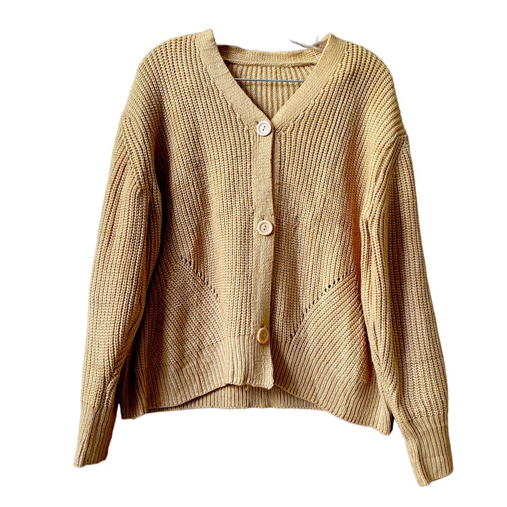 Womens Oversized Chunky Knit Cardigan Tan Button Front Neutral Fall Cardigan